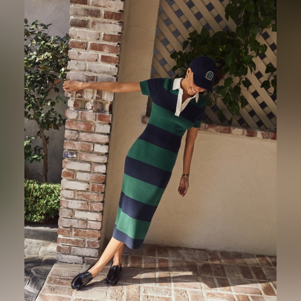 Abercrombie & Fitch x Danzy Design Studio Green and Navy Striped Midi Dress